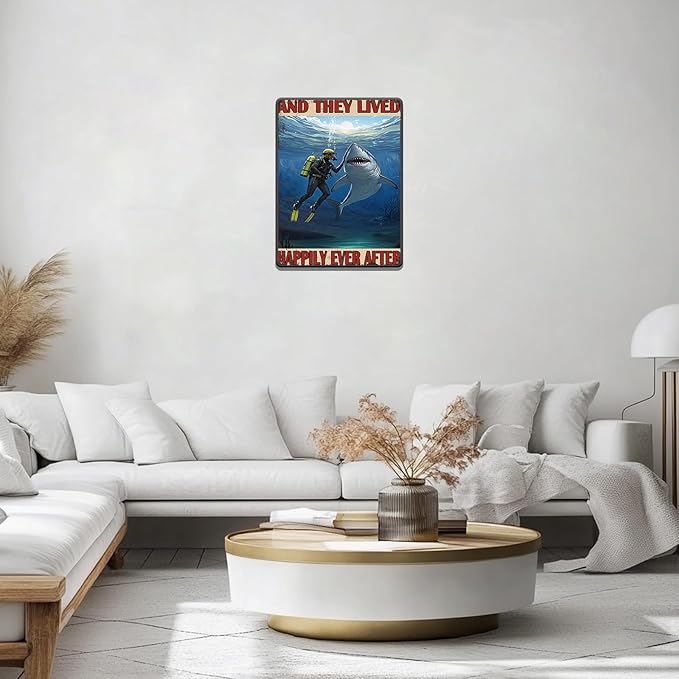 Diver And Shark Metal Tin Sign 12x16 Inch And They Lived Happily Ever After Poster Diver And Shark Tin Sign Home Kitchen Garden Bar Restaurant Cafe Office Shop Cave Man Are Wall Decor