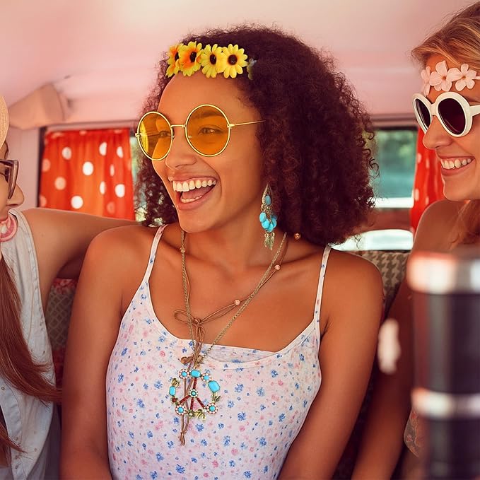 Hicarer Hippie Costume Accessories Include Sunglasses, Peace Sign Necklace, Boho Headband and Earring for 60s 70s Party