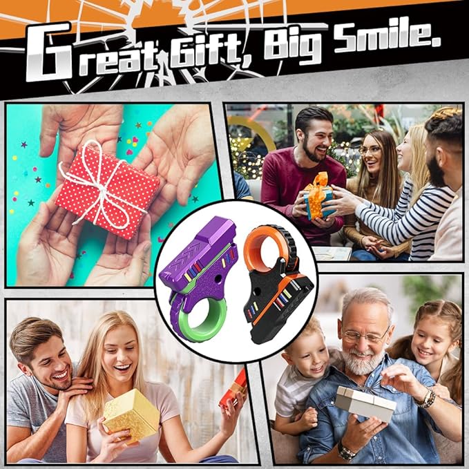 Fidget Gun Slider Toy for Kid Adult, Plastic Fidget Slider Ring Push Clicker Gun for Stress Relief Relax EDC, Textured Finger Spinner Flip Sensory Toy, Cool Birthday for Boy Girl Man