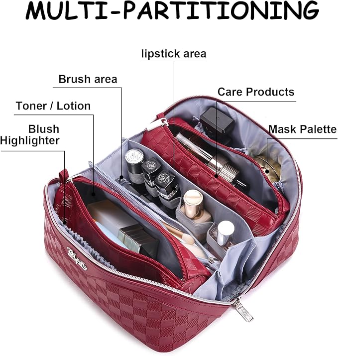 BOYATU Travel Makeup Bag Organizer Cosmetic Bag: 3 Pcs Set Make up Bags for Women with Handle - Waterproof Vegan Leather Toiletry Bags Travel Essentials Pouch with Compartments (C-11-Red)