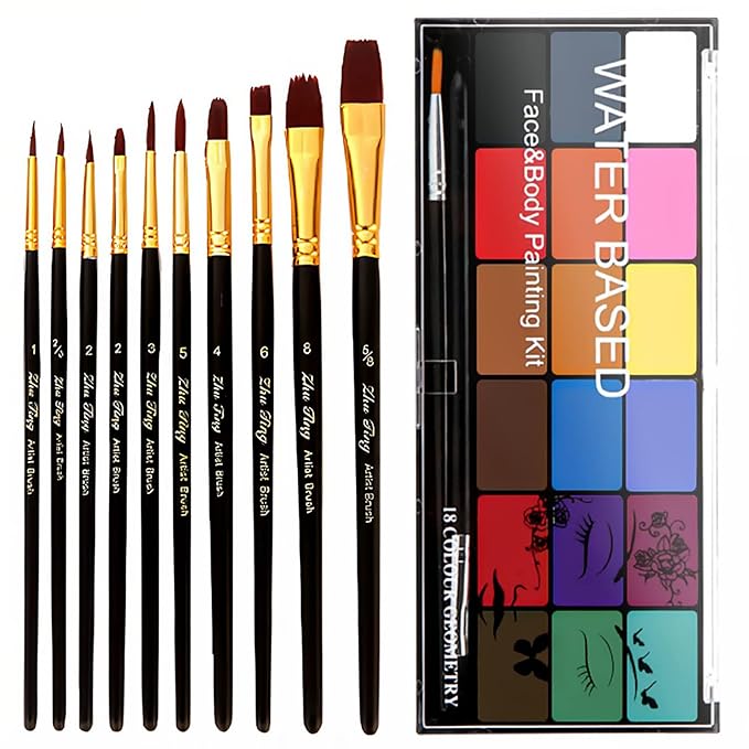 Face Painting Kit Non-toxic Body Paint Washable 18 Colors Facepaint Makeup Kit for Adults with 10 Face Paint Brushes for Halloween Party Cosplay Makeup (Color 001)