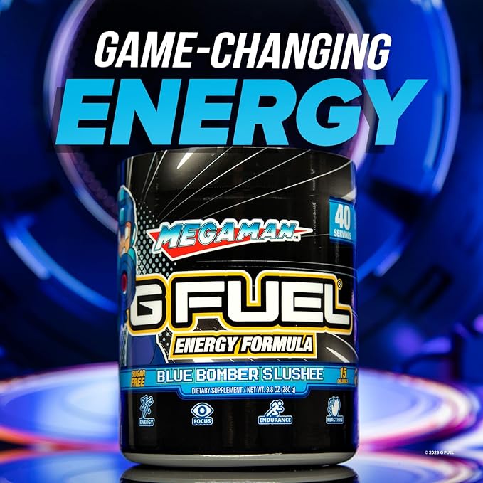 G Fuel Megaman Energy Drink Powder, Pre Workout Caffeine Mix for Gaming, Sugar Free Focus Amino, Vitamin + Antioxidants, 9.9oz (Blue Slushee, 40 Servings)