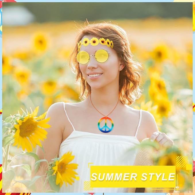 Kenning 36 Pcs Hippie Costume Accessory Set 60s 70s Peace Necklaces Sunflower Headband for Women Retro Round Sunglasses Bandana Headband for Men Hippie Dressing for Carnival Party Supplies (Classic)