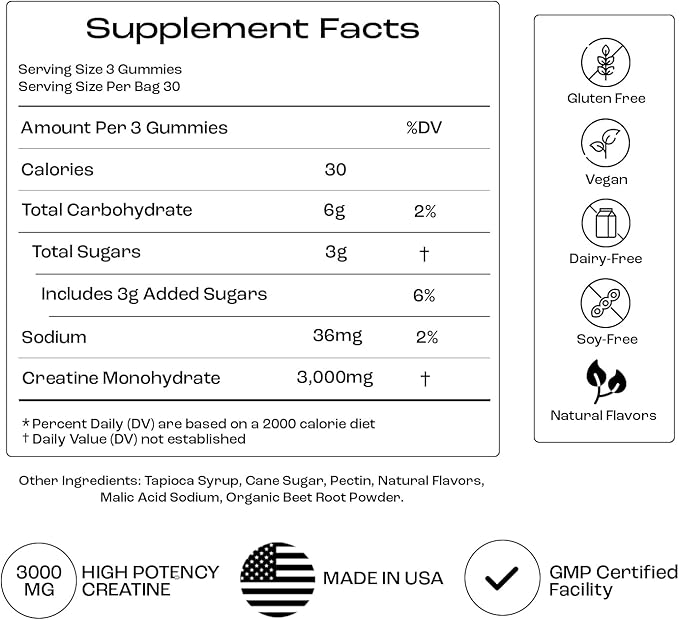 Creatine Monohydrate Gummies - Supports Muscle Growth, Recovery & Brain Function - Convenient & Easy to Take - Great Tasting Watermelon Flavor - 1g per Gummy, Low Sugar - 90 Count