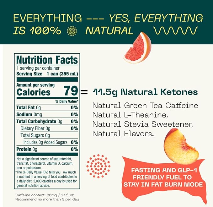 KEY Ketone Energy Drink - Sugar Free, 80mg Low Caffeine, All Natural, 11.5g Ketones, Long Lasting Energy, Green Tea & L-Theanine for Mental Focus, Grapefruit Peach (Pack of 12)