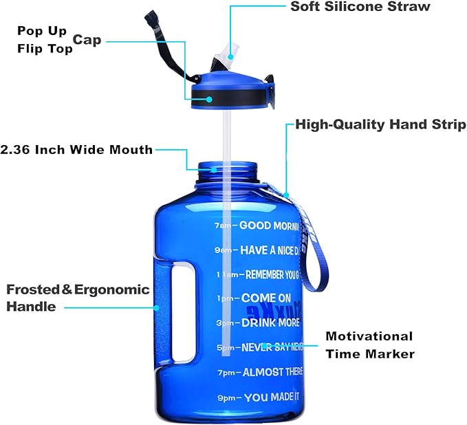 1 Gallon Motivational Sports Water Bottle with Time Marker, BPA Free 128oz Leak Proof Jug, Black, Plastic, 128 ounces, Fitness, Sports, Outdoor Activities
