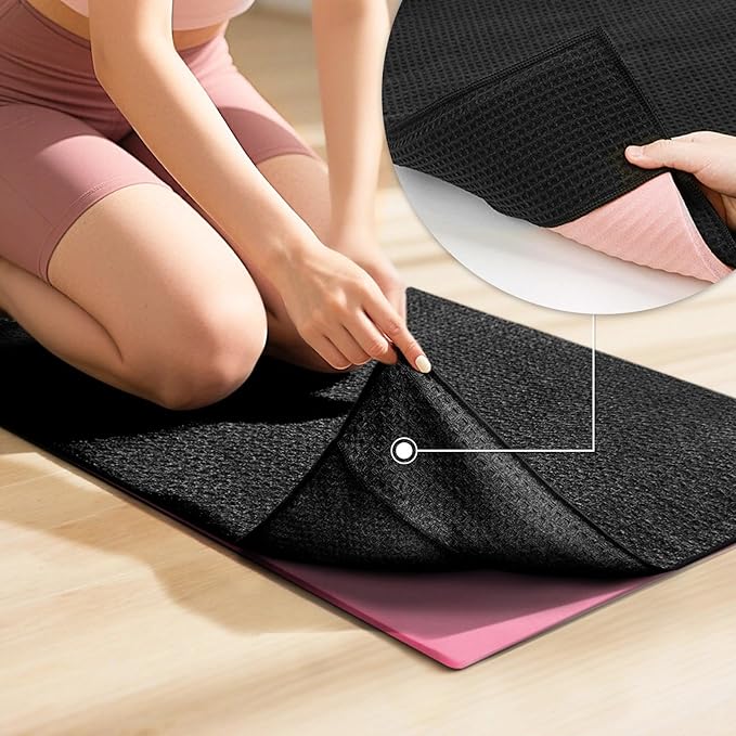 2 Pack Hot Yoga Towel Yoga Mat Towels Non Slip for Hot Yoga Stickyfiber Microfiber Quick Dry Soft Absorbent with Corner Pockets Cover Bikram Pilates Exercise Fitness 24" X 72"Black