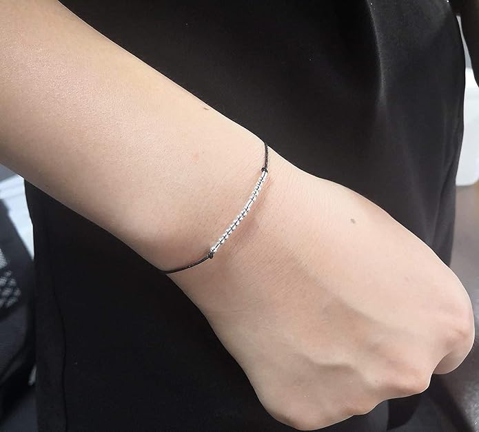 KGBNCIE Morse Code Bracelet for Women Sterling Silver Beads on Silk Cord Secret Message Fuck Friendship Inspirational Encouragement Bracelet Gift for Her
