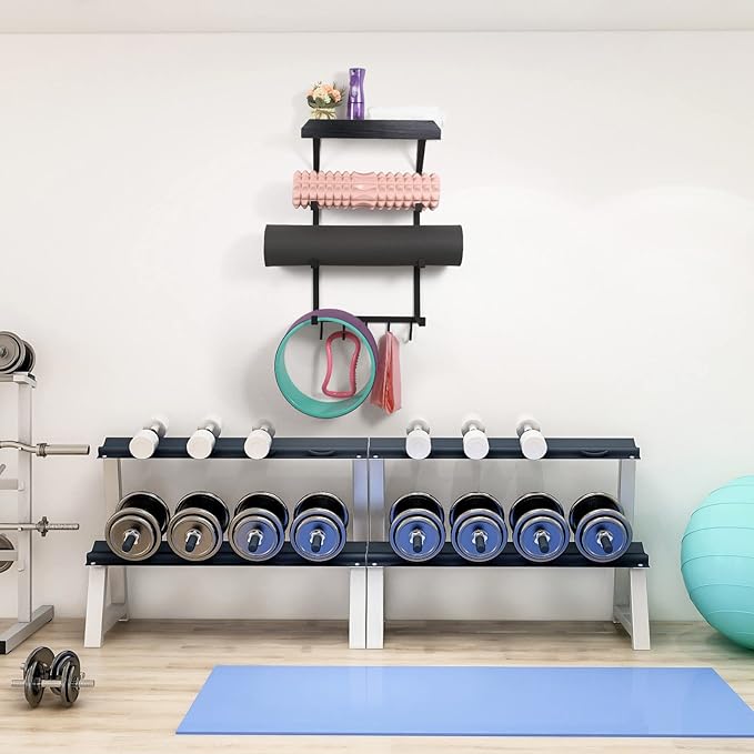Yoga Mat Holder Wall Mount,17" x 28" Yoga Mat Rack Home Gym Accessories, Storage for Foam Roller, with Wood Floating Shelves for Hanging Yoga Strap and Resistance Bands
