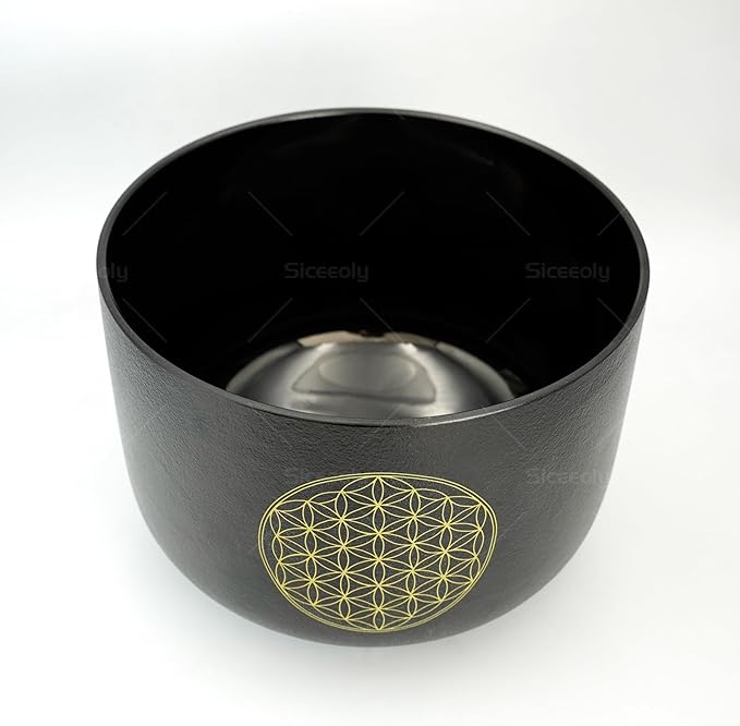 10 inch C Note Life of Flower Black Crystal Singing Bowl Root Chakra Meditation Sound Healing with Durable Carrying Case Suede Mallet Striker O-ring