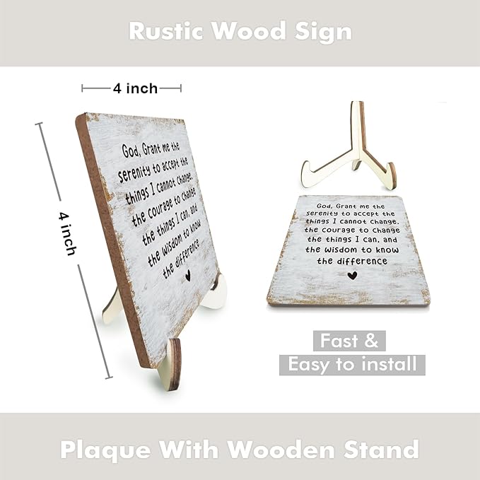 Decorative Desk Decor Motivational Mental Health Recovery Positive Plaque with Wooden Stand Inspirational Serenity Prayer Christian Wood Sign for Home Office Reading Corner Table Bookshelf