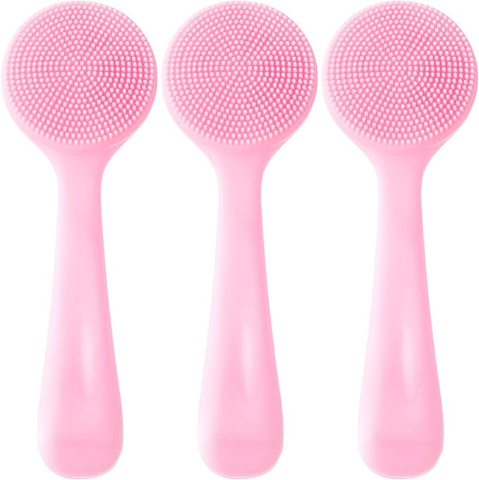 3pcs Silicone Manual Face Scrubber, Soft Face Scrubber Exfoliator, Waterproof Skin Friendly Face Cleansing Brush for Blackheads Whiteheads Makeup Residues Removal- Pink
