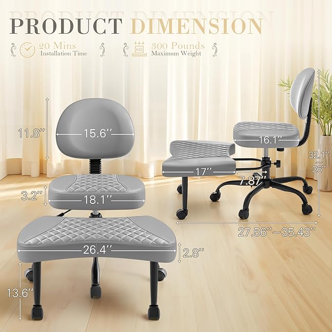 Furmax Ergonomic Criss Cross Legged Office Chair with Wheels, 360°Swivel Adjustable Height Kneeling Desk Chair with Footrest for ADHD, Yoga, Meditation, Home Office (Leather, Gray)
