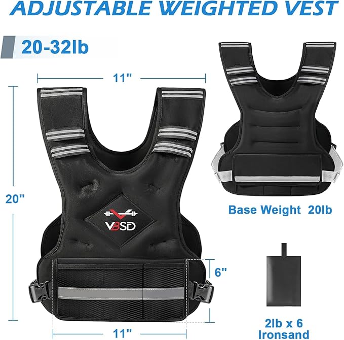 VBSD Adjustable Weighted Vest for Women Men 4-10lb/11-20lb/20-32lb Vest with 6 Ironsand Weights Body Weight Vest with Reflective Strip for Running Walking Strength Training Workouts