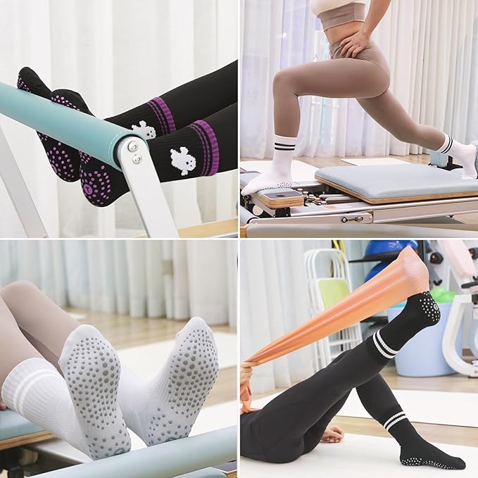Toes Home Pilates Socks for Women with Non Slip Grippers, Yoga Crew Socks for Barre Hospital Sticky Slipper Socks 4 Pairs
