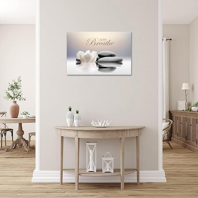 Zen Stone Canvas Wall Art Just Breathe Yoga Quotes Poster for Spa Decor White Lotus Flower Pictures Prints for Bathroom Modern Spiritual Artwork Framed (20 x 30inches)