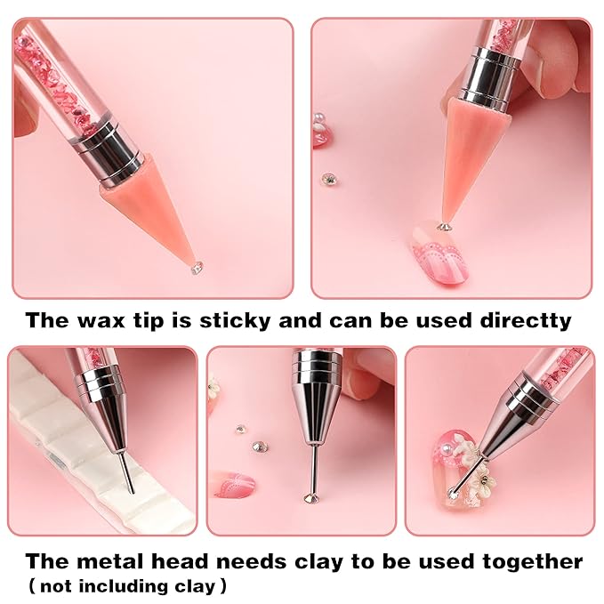 Kaychan1 Rhinestone Applicator Tool - Acrylic Handle Dual-Ended Wax Pen DIY Nail Art Tool with 4 Extra Wax Tips 1 Tweezer (White)