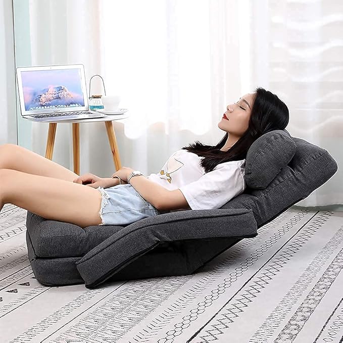 FLOGUOR Indoor Floor Gaming Chairs for Adults with Back Support,Chaise Lounge, 42-Position Folding Lazy Sofa with Pillow for Living Room, Bedroom, Balcony(Grey) 8803GR