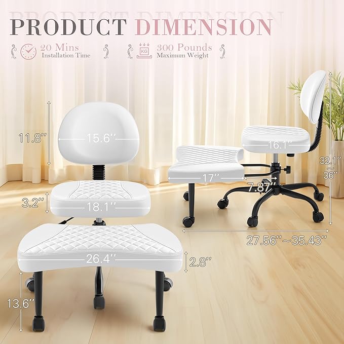 Furmax Ergonomic Criss Cross Legged Office Chair with Wheels, 360°Swivel Adjustable Height Kneeling Desk Chair with Footrest for ADHD, Yoga, Meditation, Home Office (Leather, White)