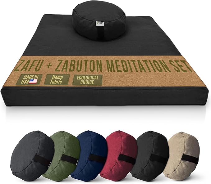Meditation Cushion Mat Set HEMP - Round Zafu Floor Pillow Organic Buckwheat Pillow + Cotton Filled Zabuton Prayer Pad - Meditation Pillow Yoga Knee Pad - Made in USA - 14" Round, BLACK Hemp