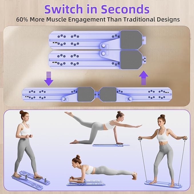 Pilates Board for Home Workout, Pilates Reformer Set for Core, Strength and Balance Training, Multi-Purpose Protable Pilates Reformer Machine for Women and Men