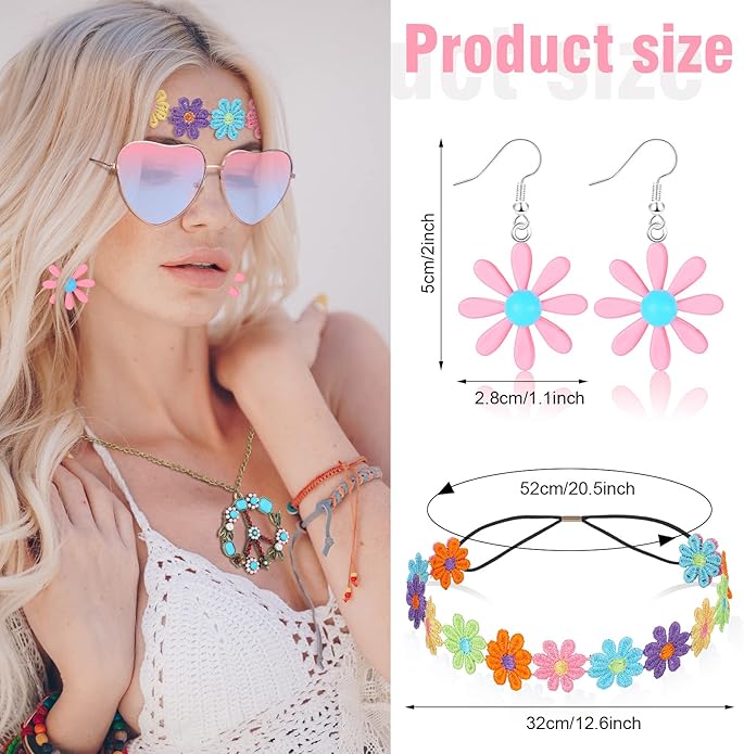 4 Pcs Hippie Costume Accessories Set 70s Peace Sign 60s Outfits for Women Necklace Daisy Earrings Flower Headband Sunglasses