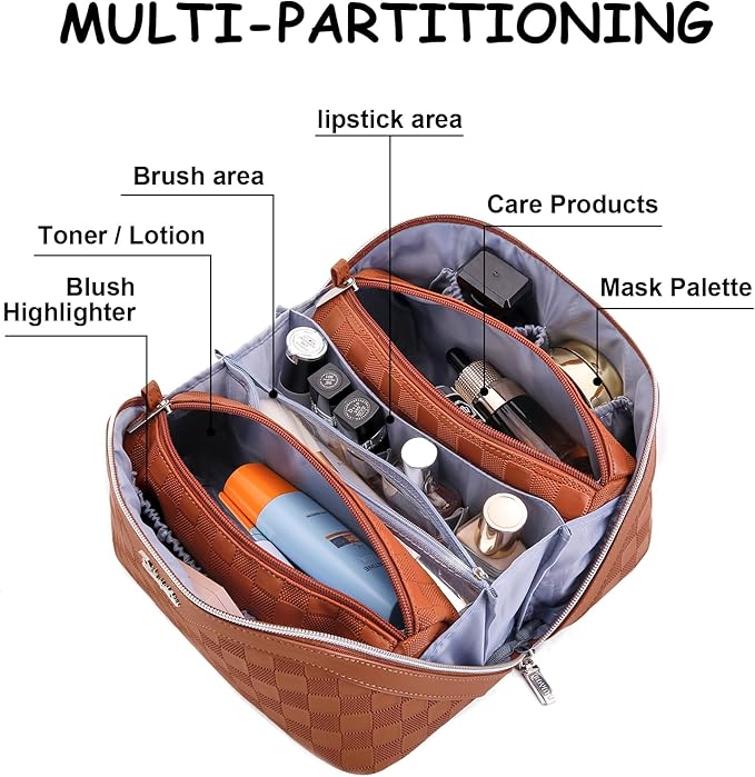 BOYATU Travel Makeup Bag Organizer Cosmetic Bag: 3 Pcs Set Make up Bags for Women with Handle - Waterproof Vegan Leather Toiletry Bags Travel Essentials Pouch with Compartments (C-10-tan)