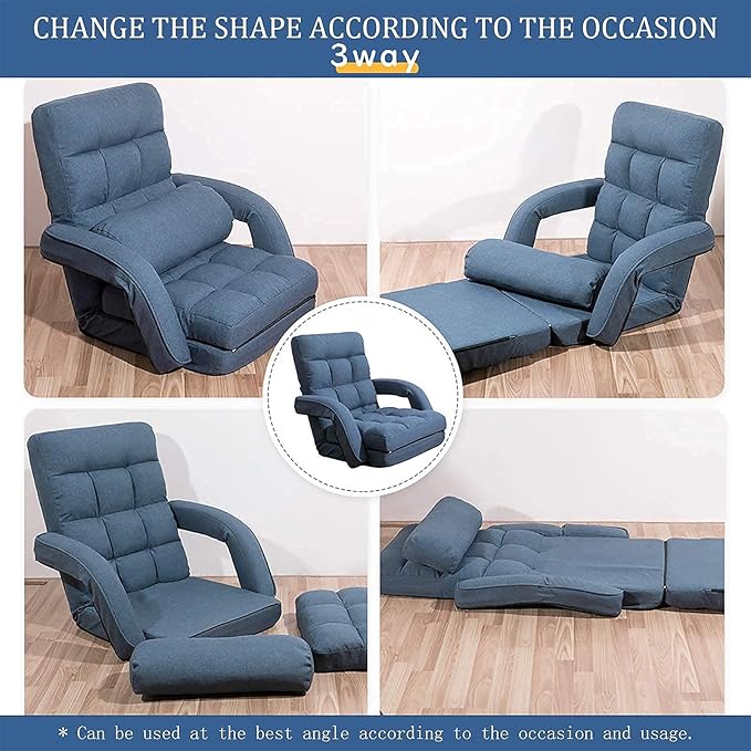 FLOGUOR 14-Position Adjustable Floor Chair, Chaise Lounge Indoor, Folding Lazy Sofa with Armrests and a Pillow Padded Adults Gaming Chairs for Living Room, Bedroom Factory Price (Blue) 8803BL