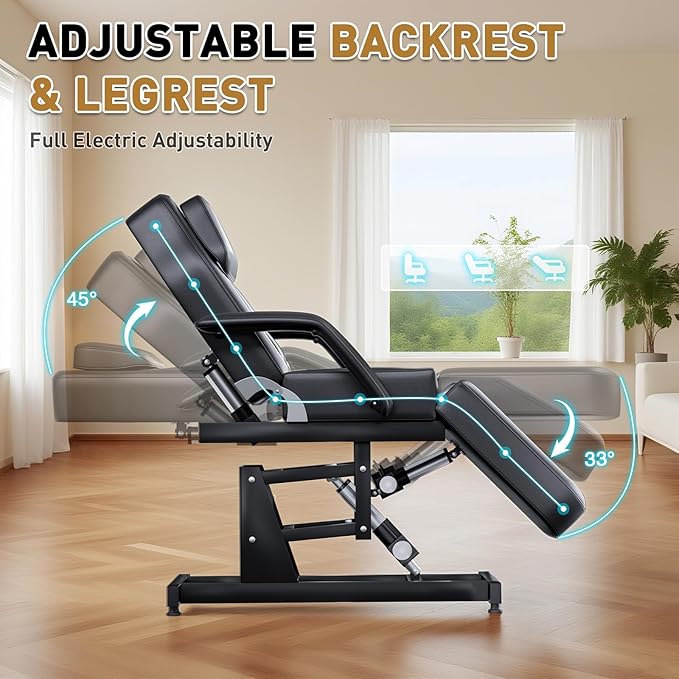 Fully Electric Tattoo Chair for Clients with Removable Handle and Headrest, 3-Motors Adjustable Backesrt&-Legrest Tattoo Bed, Multi-Functional Facial Bed Capacity 460LBS for Estheticians, Black