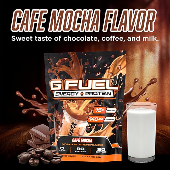 G Fuel Protein + Energy Drink Powder, Pre Workout Caffeine Mix for Gaming, Sugar Free Focus Amino, Vitamin + Antioxidants, 19oz (Cafe Mocha, 20 Servings)