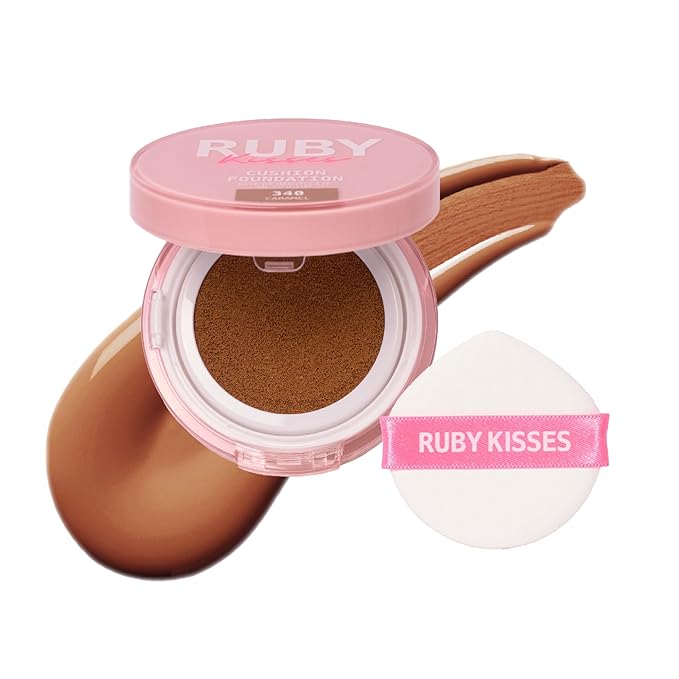 Ruby Kisses Cushion Foundation, Full Coverage Korean Makeup, Lightweight & Long Lasting, All Day Natural Glowy Finish for All Skin Types with Hyaluronic Acid & Bakuchiol (Caramel, 0.52 Ounce)