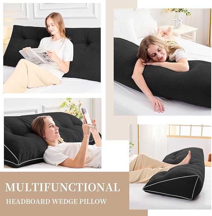 Sasttie Headboard Pillow King, Wedge Pillow Headboard for Sitting Up in Bed, Back-Rest Support Triangular Cushion for Reading - Features Removable Washable Cover, Black