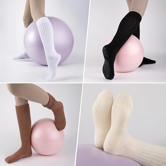COOVAN Grip Pilates Socks for Women 3 Pairs Yoga Slouch Crew Long Scrunch Slipper Socks for Barre Ballet Dance Hospital