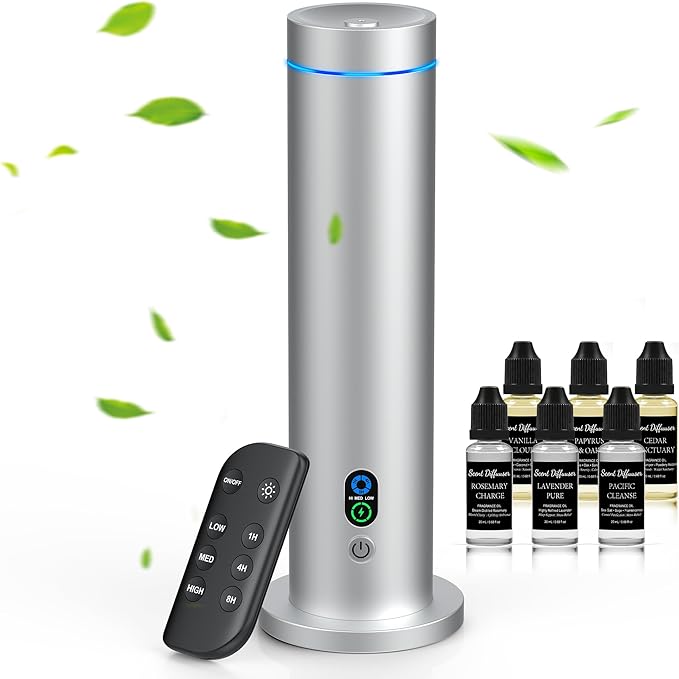Waterless Diffuser, 1000 Sq.Ft Coverage, Essential Oil Diffuser with Tilt-Safe, Remote Control, Adjustable Mist Mode, Mood Lights Aromatherapy Diffuser for Home, Large Room, Office, Hotel, Silver