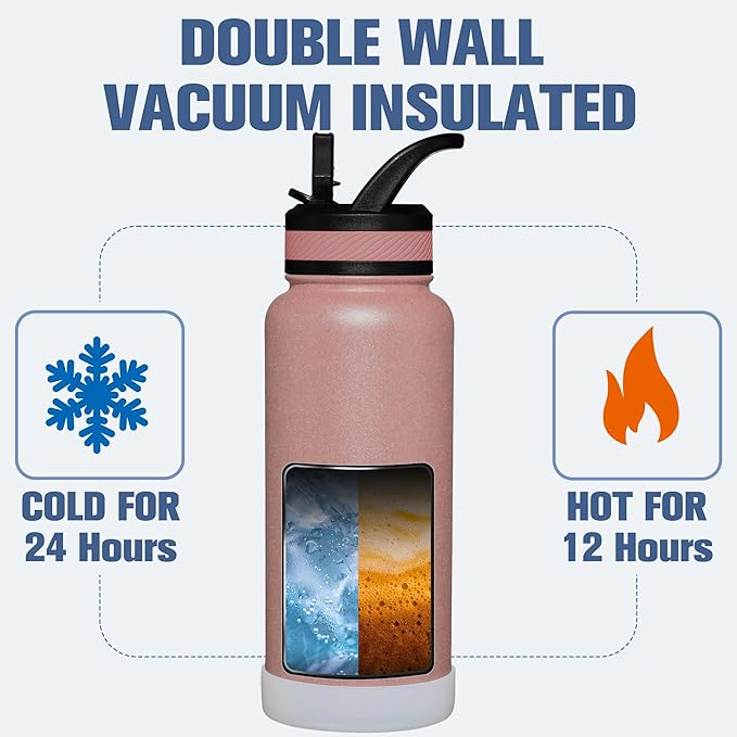 OLDLEY 32 oz Insulated Water Bottle With Straw, Stainless Steel Sports Water Cup Flask with 3 Lids(Straw, Spout and Handle Lid) Double Walled Travel Thermal Canteen Mug,Rose Gold