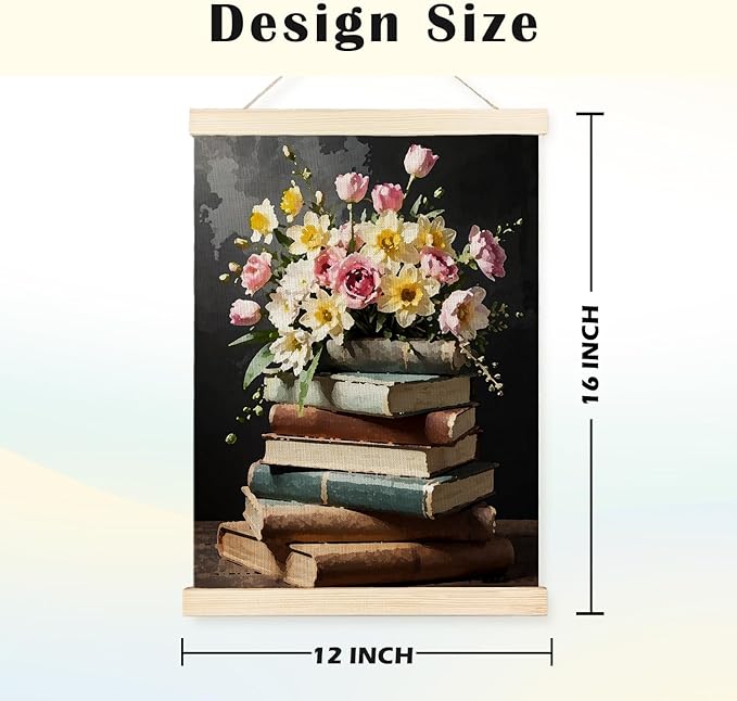 JINYO Vintage Floral Bookish Wall Art, 12x16 Inches, Rectangular, Multicolor, Vertical, Wall Mount, Matte Finish, For Bedroom, Living Room, Office, Kitchen, Nursery, Kids Room