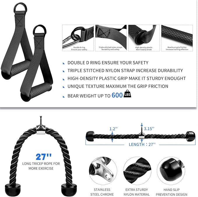 Cable Machine Attachment Set with Tricep Rope, V Bar, Double D Handle Row, Ankle & Wrist Straps, LAT Pulldown Attachments Cable Attachments for Home Gym