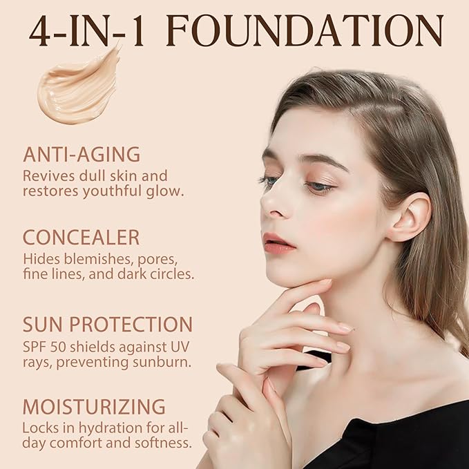 Foundation 4 in 1 - Color Changing Foundation, SPF 50+, Longwearing & Waterproof, Color Changing Hydrating Concealer, Natural Finish