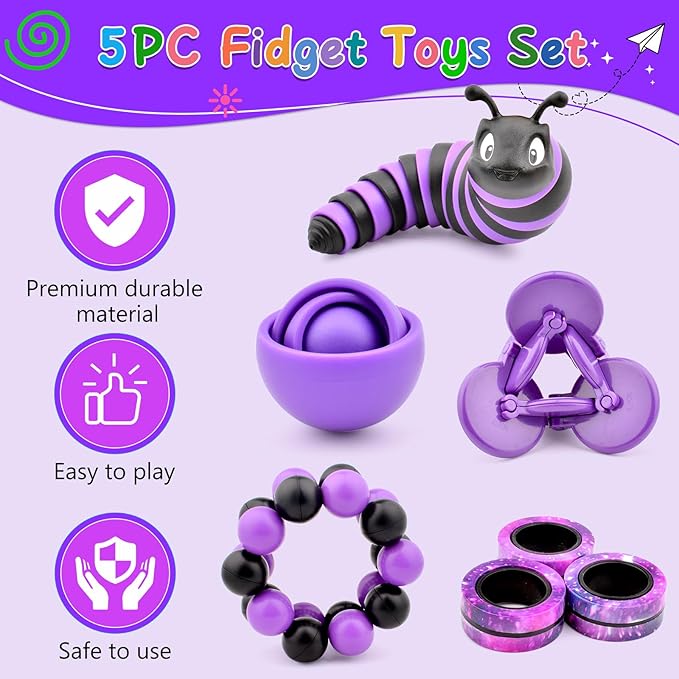 Fidget Toys Kids Pack, Autism Sensory Toys Set for Adults, Fidget Spinner Slug Magnetic Rings, Cool Gadget for Men Boys Teens ADHD Stress Relief Desk Toy Gift Idea