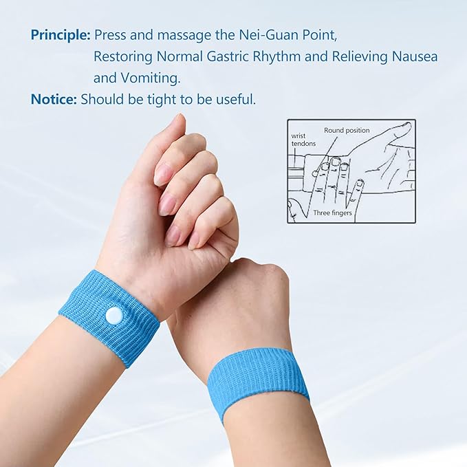 Motion Sickness Wristband, Anti-Nausea Acupressure Wrist Band for Nausea Relief, Dizziness and Vomiting from Car Sea Boat Flying Travel Sickness for Adults and Kids (Light Blue, Large, 2 Pairs)