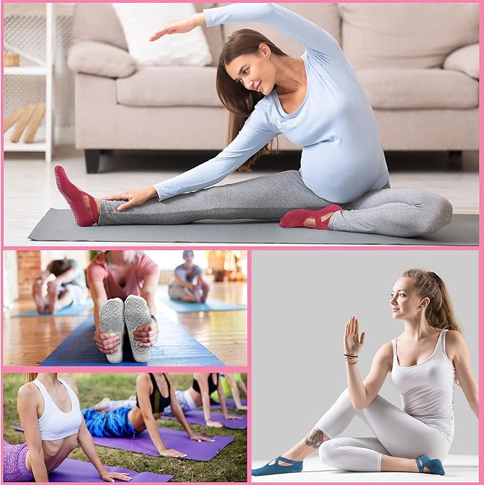 Geyoga 6 Pairs Pilates Socks for Women Barre Yoga Ballet Non-slip Athletic Socks with Grip Straps for Barefoot Workout