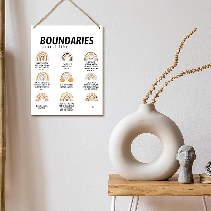 Hanging Plaque With Rope, Home Wall Decor Wood Boundaries Sign, Door Decor Mental Health Rainbow Wood Sign for Study Dining Room Psychological Counseling Office Bedroom, Farmhouse Art Plaque Gift -25