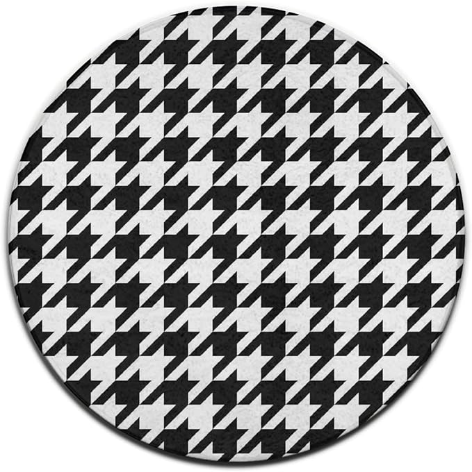 Large Machine Washable Circular Rugs, Home Decor Round Mat for Living Room Sofa Office Compatible with Black and White Houndstooth