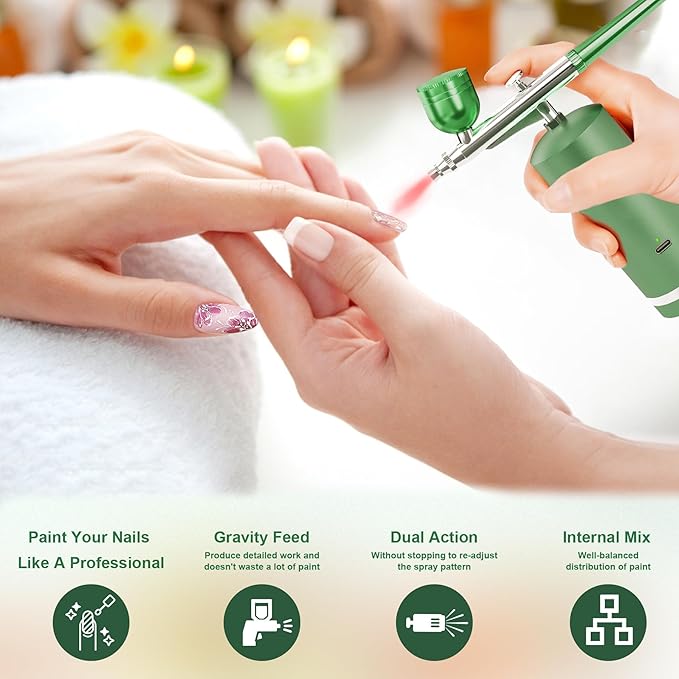 Airbrush Kit With Compressor - 48PSI Rechargeable Cordless Non-Clogging High-Pressure Air Brush Set with 0.3mm Nozzle and Cleaning Brush Set for Nail Art, Makeup, Painting, Cake Decor (Green)