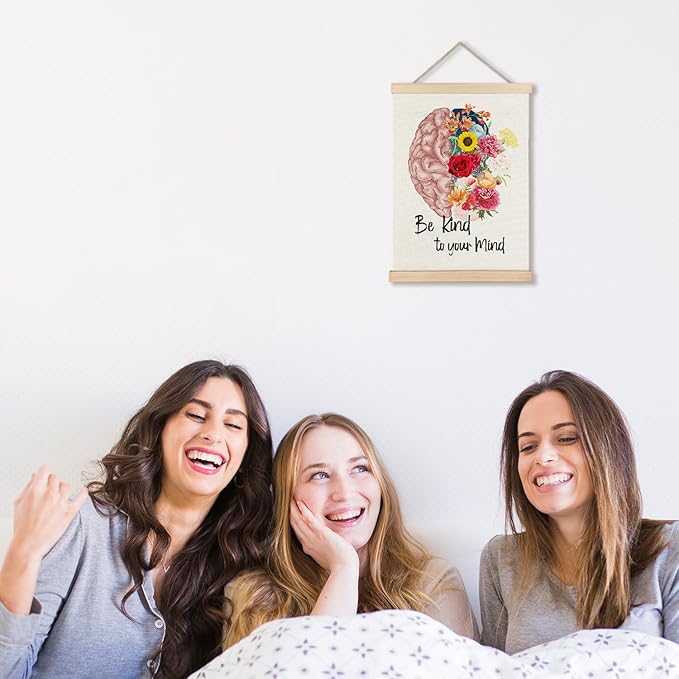 JINYO Mental Health Wall Decor, Be Kind to Your Mind Floral Brain Wall Art Poster, Mental Health Canvas Prints Wall Decor for Therapy Counselor Office Calming Corner, 12x16 Inches