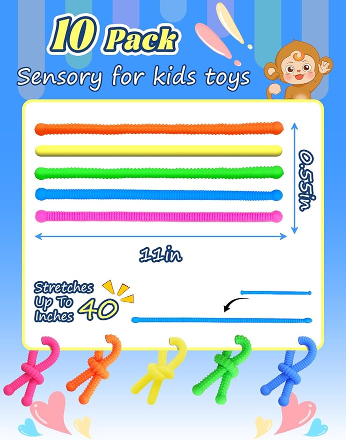 10 Pack Sensory Toys for Kids – Upgraded Extra-Thick Stretchy Sensory Strings for Autism, ADHD, Anxiety – Durable Toys in Gift Box for Boys & Girls, Travel & Classroom Use – Granular