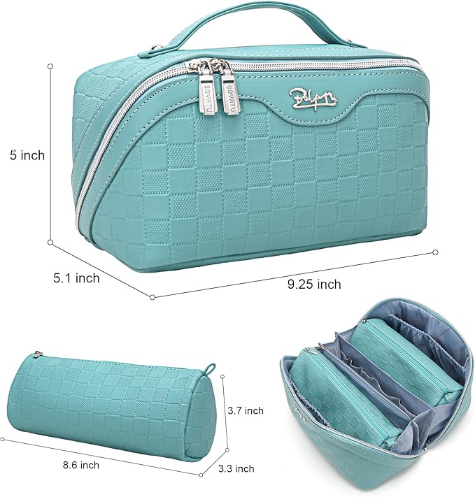 BOYATU Travel Makeup Bag Organizer Cosmetic Bag: 3 Pcs Set Make up Bags for Women with Handle - Waterproof Vegan Leather Toiletry Bags Travel Essentials Pouch with Compartments (C-02-Blue)