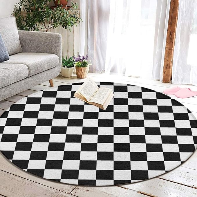 Large Machine Washable Circular Rugs, Home Decor Round Mat for Living Room Sofa Office Compatible with Black and White Checkered