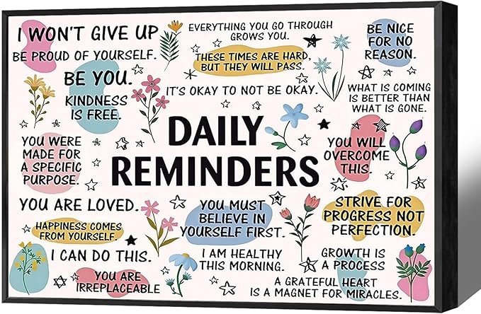 JMGHKL Daily Reminders Inspirational Canvas Wall Art Trendy Motivational Positive Affirmations Posters Uplifting Mental Health Wall Decor For Home Office Classroom 24x36in Framed