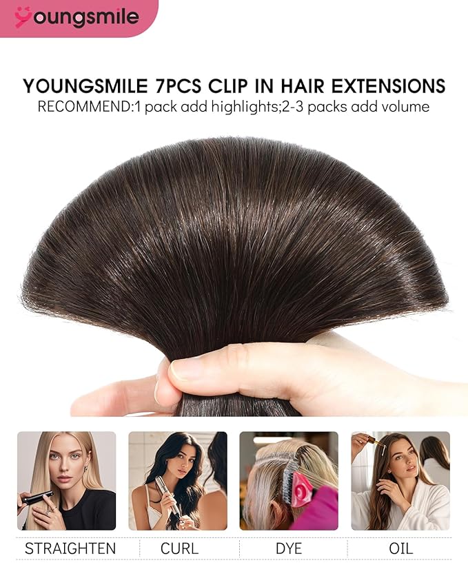 Youngsmile Clip in Hair Extensions Real Human Hair, 14 Inch 7pcs 140g, Color #2 Darkest Brown,Double Drawn,Silk Straight Clip in Hair Extensions Human Hair(7C#2-14Inch)